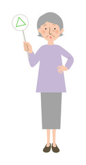 三角マークの札を持ったおばあちゃんの全身ベクターイラスト