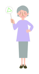 三角マークの札を持ったおばあちゃんの全身ベクターイラスト