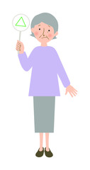 三角マークの札を持ったおばあちゃんの全身ベクターイラスト
