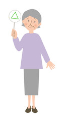 三角マークの札を持ったおばあちゃんの全身ベクターイラスト