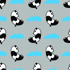 Panda doll repeat pattern seamless pattern . cute Bear cartoon simple character doodle with blue cloud illustration and gray background