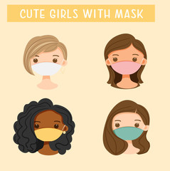 cute girls wearing mask cartoon for fabric pattern print mock up