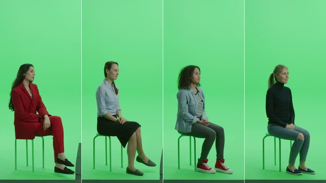 5-in-1 Green Screen Collage: Five Portraits of Beautiful Women of Diverse Background, Ethnicity, Different Age Sitting on the Chroma Key Chair. Side View Split Screen. Multiple Clips Best Value Pack