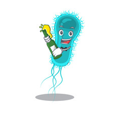 Mascot character design of escherichia coli bacteria say cheers with bottle of beer
