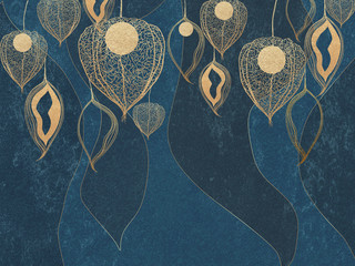 Flowers and fruits of physalis with leaves. Digital mural, wall mural abstraction