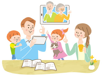 人物　家族団らん　仲良し　笑顔　オンライン帰省