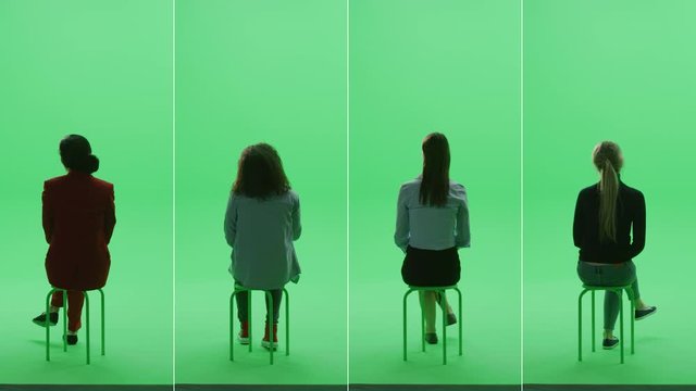 4-in-1 Green Screen Collage: Four Beautiful Women of Diverse Background, Ethnicity, Different Age, Style Sitting on the Chroma Key Chair. Back View Split Screen. Multiple Clips Best Value Pack