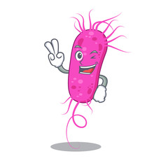 Happy pseudomoa bacteria cartoon design concept with two fingers
