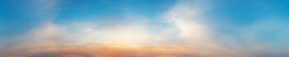 Panorama of Dramatic vibrant color with beautiful cloud of sunrise and sunset. Panoramic image.