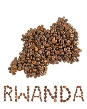 Map of Rwanda made of roasrd coffee beans isolated on white background. World of coffee conceptual image.