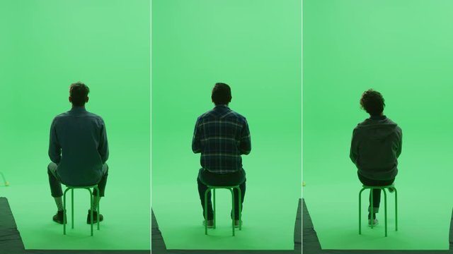 3-in-1 Green Screen Collage: Three Handsome Men of Diverse Background, Ethnicity, Different Age, Style Sitting on the Chroma Key Chair. Back View Split Screen. Multiple Clips Best Value Pack