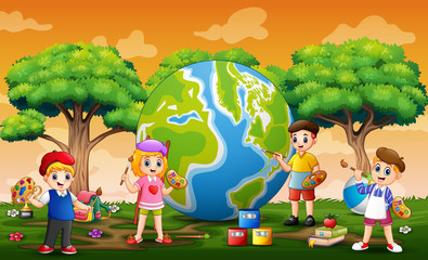 Happy children painting the globe illustration