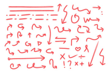 Fototapeta na wymiar Hand drawn arrows. Doodle direction mark. Handmade sketch symbols set on a white background. vector illustration graphic design elements.