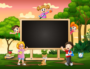 A blackboard with happy children