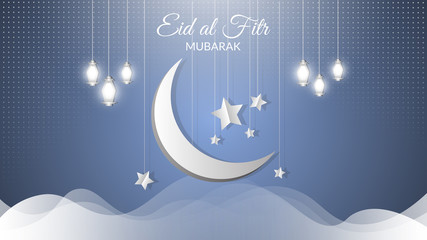 Obraz na płótnie Canvas Eid al-Fitr Greeting Design with Magnificent Crescent Moon
