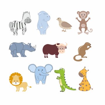 Set of children's illustrations animals of Africa. Hand-drawn clipart of Africa and savanna. Design of children's books, posters, clothing, textiles, rooms, stickers