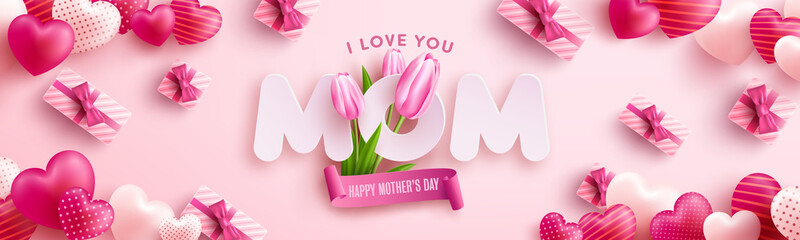 "I Love You MOM" Mother's Day Poster or banner with sweet hearts,flower and pink gift box on pink background.Promotion and shopping template or background for Love and Mother's day concept