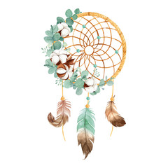 Watercolor Boho Dream Catcher with Dried Cotton Flower and Eucalyptus Leaves Perfect for Home decor - obrazy, fototapety, plakaty