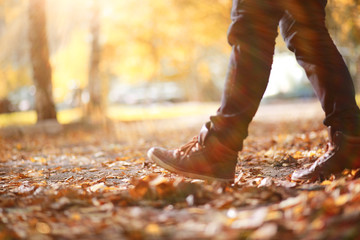 Autumn Park man walking along a path foliage