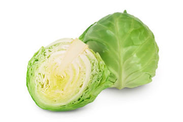 Obraz premium Green cabbage with half isolated on white background with clipping path and full depth of field.