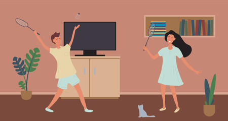 Home games during the quarantine period. A couple a guy and a girl are playing in an apartment in badminton. Vector illustration.