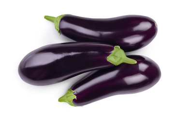 Eggplant or aubergine isolated on white background with clipping path and full depth of field. Top view. Flat lay.