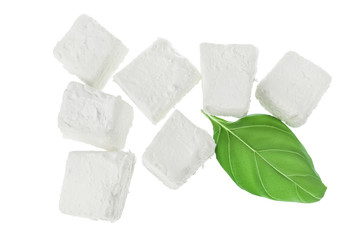 Feta cheese isolated on white background. With clipping path and full depth of field. Top view....