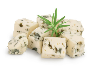 diced Blue cheese with rosemary isolated on white background with clipping path and full depth of field.