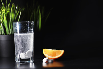Composition from Bottles of cough syrup.Healthcare, medicine, flu and treatment concept - paper wipes and thermometer with pills.