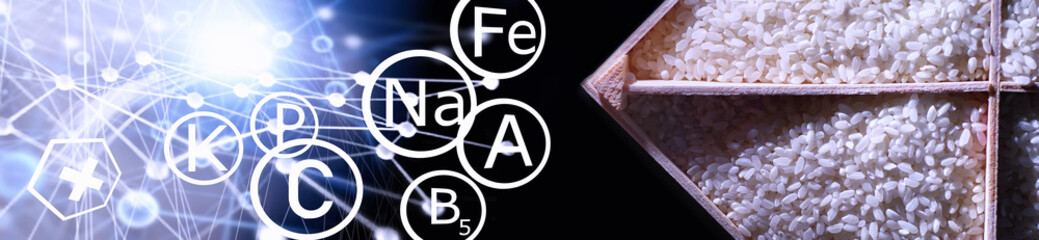 A set of grain cereals. Rice, buckwheat and millet groats in a wooden tray. A grocery set of cereals. Import of grain.