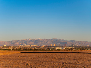 Sunrise high angle view of the Strip skyline