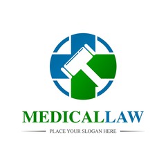 Medical law vector logo template. This design use hammer and cross symbol. Suitable for rule in medical.