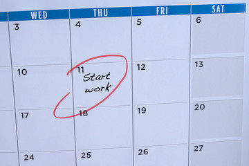 Start work, words in calendar. Circled in red.