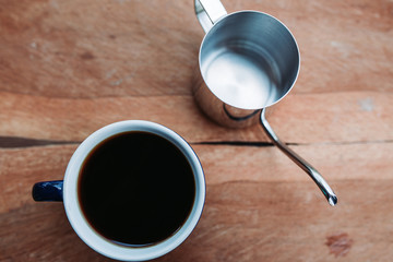 Top view espresso coffee and cup on wooden