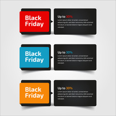 Black Friday up to 30%, 50%, 70%. Banner Design for the sale with red, blue, and yellow colors. Vector illustration. Set of elements of three abstract style on gray background.Elements of infographics