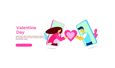valentine couple hold love flat illustration vector design with pink color