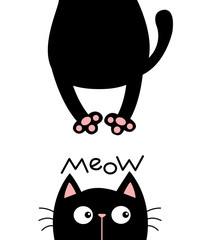 Black cat looking up. Meow. Funny face head silhouette. Hanging fat body paw print, tail. Kawaii animal. Baby card. Notebook cover. Cute cartoon character. Pet collection. Flat. Blue background.