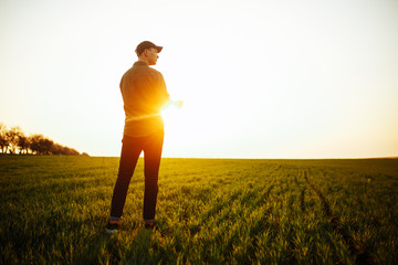 Young farmer stands in the green field checking and waiting for harvest to grow. Sunset view of a boy wearing green shirt and a cap walking on the lawn. Agricultural concept.