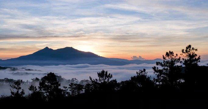 Time lapse 4k: Beautiful cloud, sunrise over wild forest mountains in summer morning. High-quality free stock video footage of time lapse, timelapse of sunrise up from mountain into the horizon above
