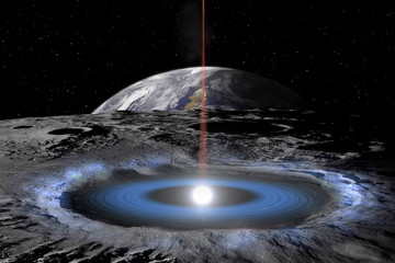 Alien hatch in the crater of the moon and laser beam directed towards the earth. Sci fi landscape....