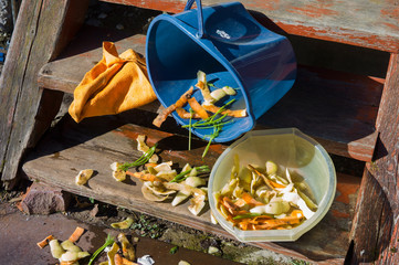 Turned over bucket with leftovers
