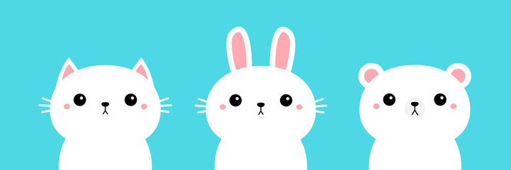 White polar bear, rabbit, bunny, cat, kitty, kitten. Kawaii cartoon character set. Cute funny head face. Baby greeting card template. Notebook cover, tshirt. Blue background. Flat design.