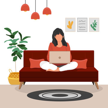 Woman sitting on the dark red chair with laptop. Freelance or studying concept. Girl working at home in home office. Daily life of freelance worker, everyday routine. Cartoon flat vector illustration.