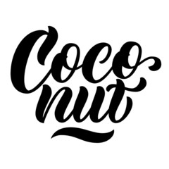 Coconut brush hand lettering, script calligraphy isolated on white background. Vector type illustration.