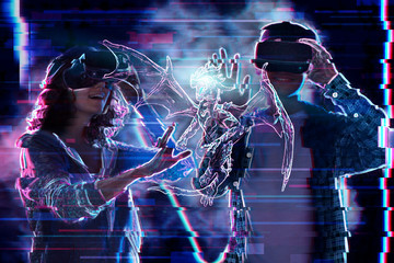 Fototapeta na wymiar Girl and boy are playing in virtual reality game club. Young woman and man in VR glasses are gaming with realistic holograms in simulator. Entertainment and leisure concept. Modern technologies.