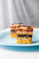 sliced ​​delicious cake on a blue plate