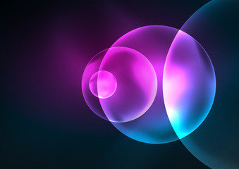 Glowing neon shiny transparent bubbles, glass circles or bio cell concept. Techno futuristic vector abstract background For Wallpaper, Banner, Background, Card, Book Illustration, landing page