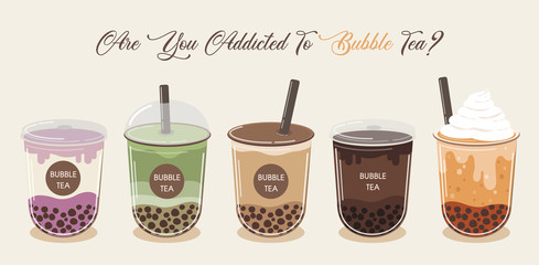 Bubble tea cup design collection, Yummy drinks, soft drinks with doodle style banner, Bubble milk tea ads with delicious tapioca and pearl, bubble tea menu graphic template.