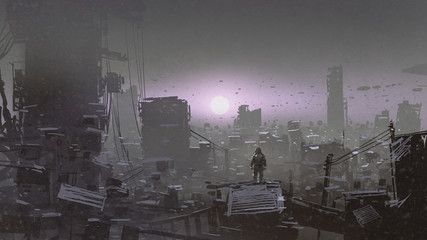 man looking at sunset on a rooftop of the building in the post-apocalyptic world, digital art style, illustration painting