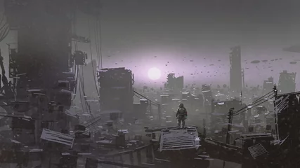 Photo sur Plexiglas Grand échec homme regardant le coucher du soleil sur un toit du bâtiment dans le monde post-apocalyptique, style art numérique, peinture d& 39 illustration